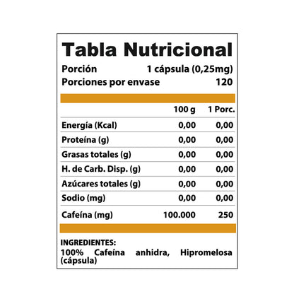 Cafeína Anhidra Chronos 250 mg - Winkler Nutrition (120 Porciones)